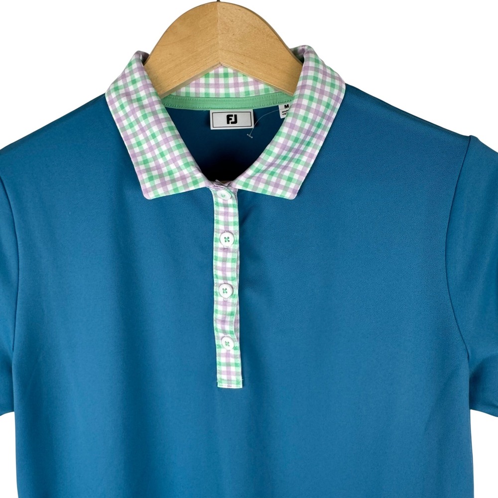 FootJoy Womens Teal Gingham Trim Performance Golf Polo Shirt Womens Medium Logo